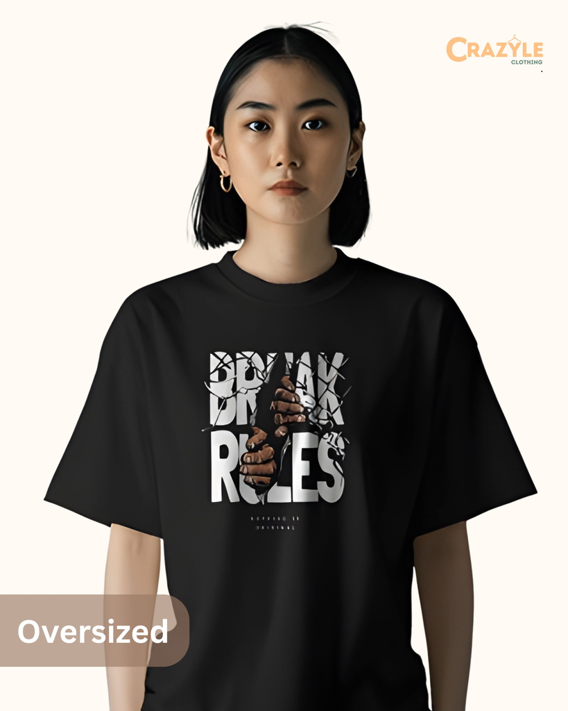 women's oversized break rules graphic printed tshirt black